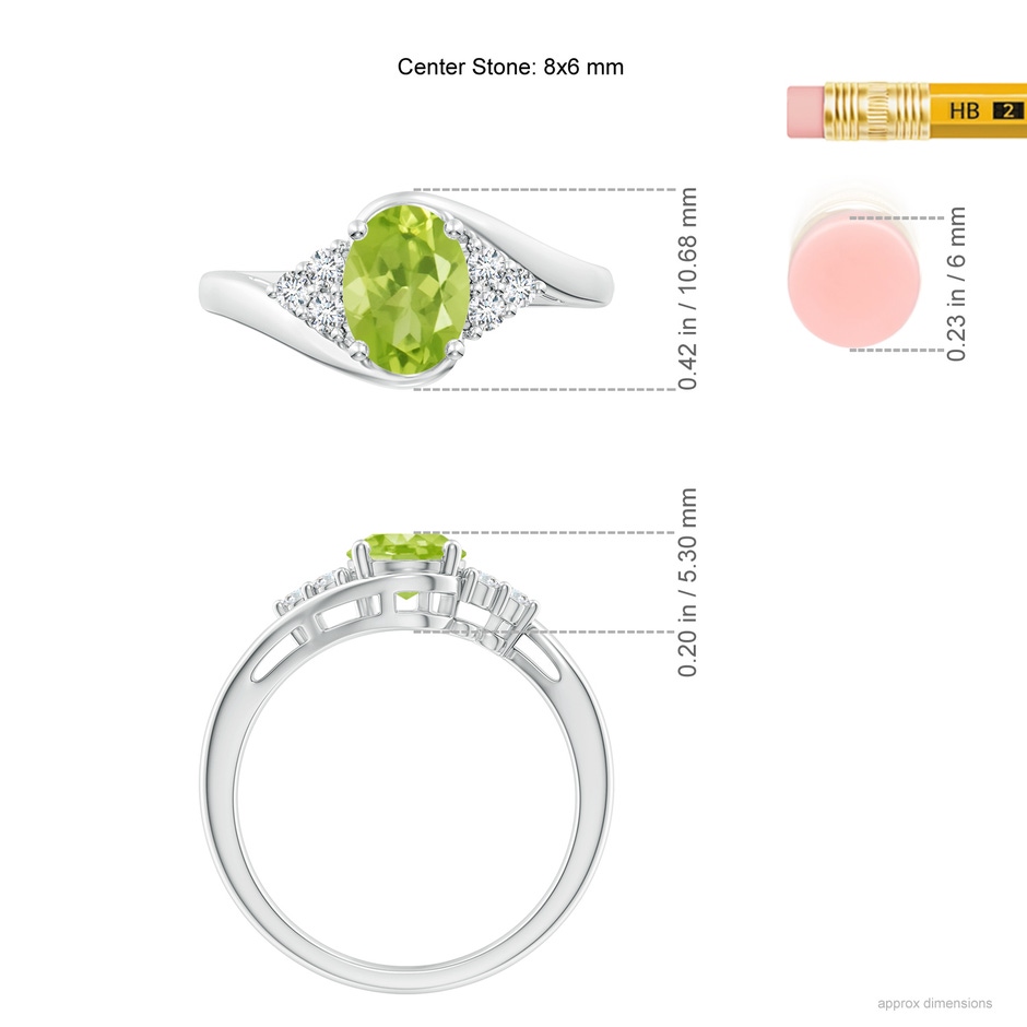 8x6mm AA Oval Peridot Bypass Ring with Trio Diamond Accents in White Gold ruler