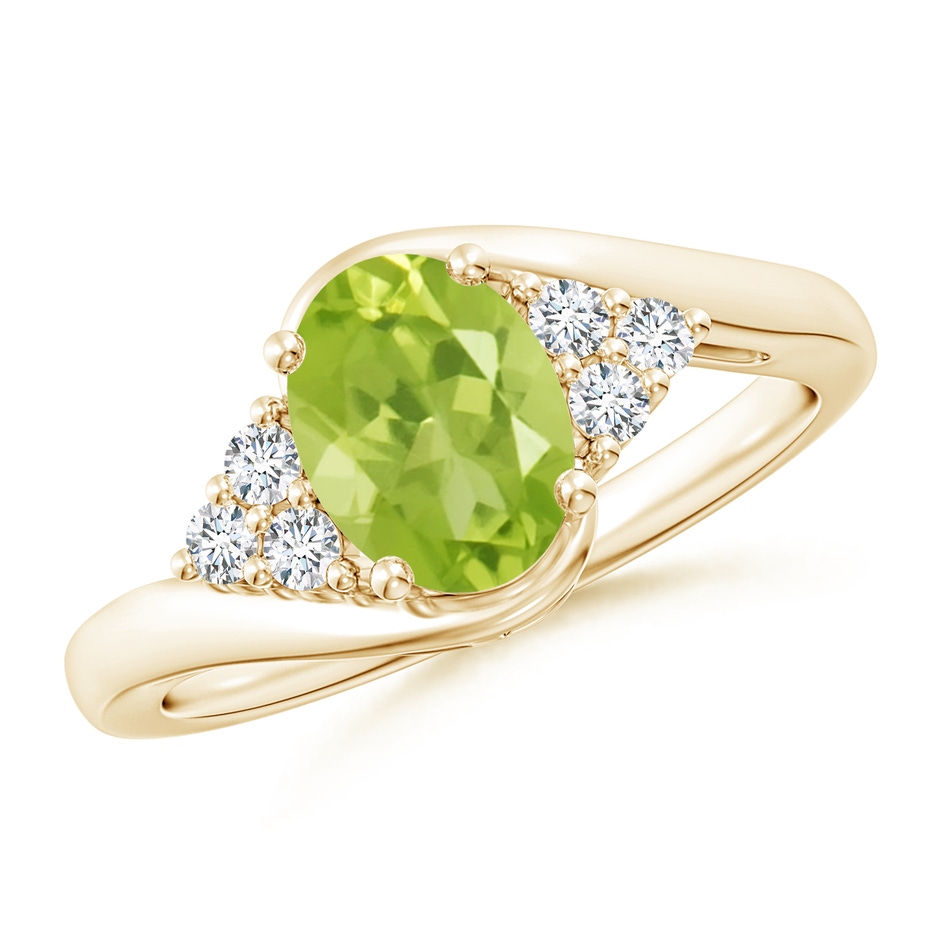 8x6mm AA Oval Peridot Bypass Ring with Trio Diamond Accents in Yellow Gold 