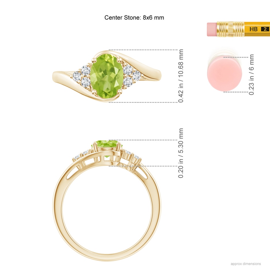 8x6mm AA Oval Peridot Bypass Ring with Trio Diamond Accents in Yellow Gold ruler