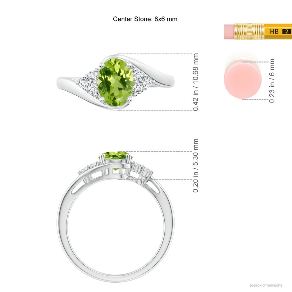 8x6mm AAA Oval Peridot Bypass Ring with Trio Diamond Accents in P950 Platinum ruler