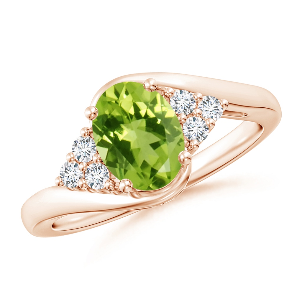8x6mm AAA Oval Peridot Bypass Ring with Trio Diamond Accents in Rose Gold