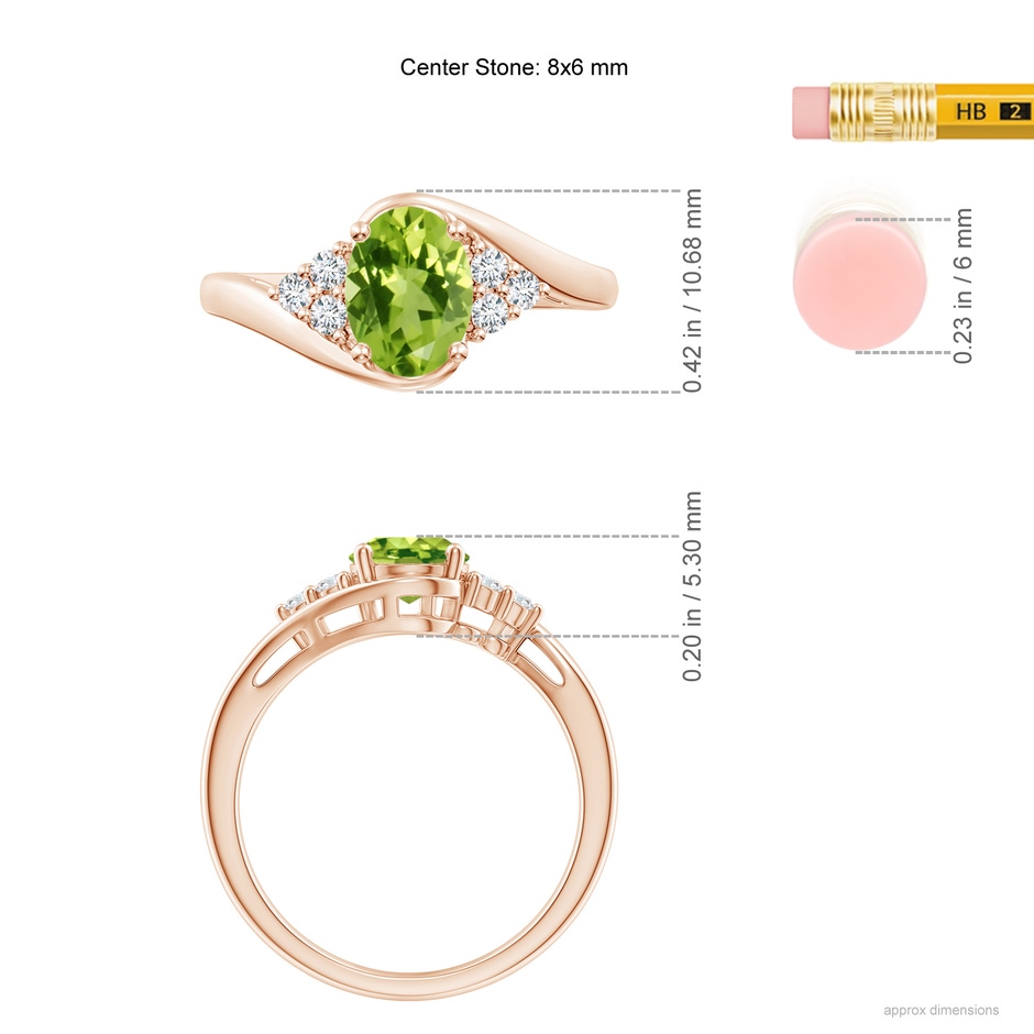 8x6mm AAA Oval Peridot Bypass Ring with Trio Diamond Accents in Rose Gold ruler