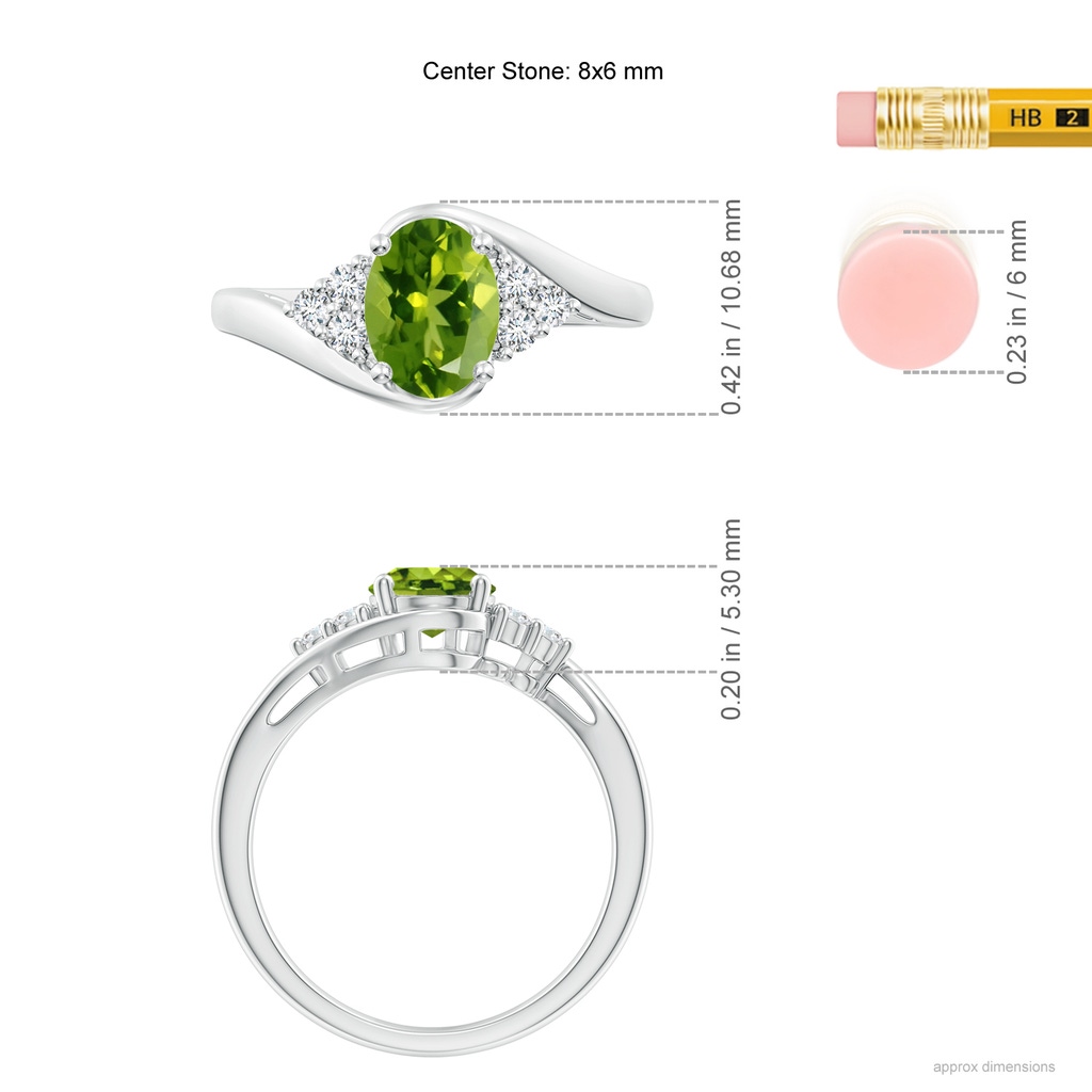 8x6mm AAAA Oval Peridot Bypass Ring with Trio Diamond Accents in P950 Platinum Ruler