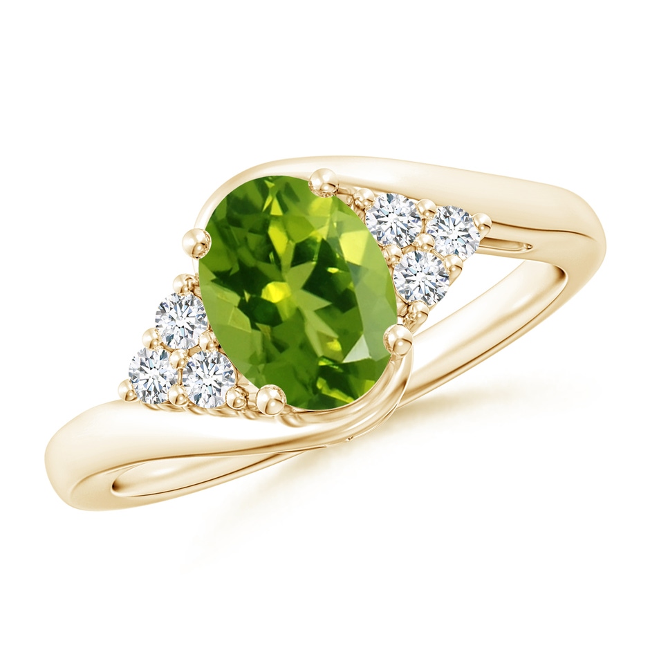 8x6mm AAAA Oval Peridot Bypass Ring with Trio Diamond Accents in Yellow Gold 