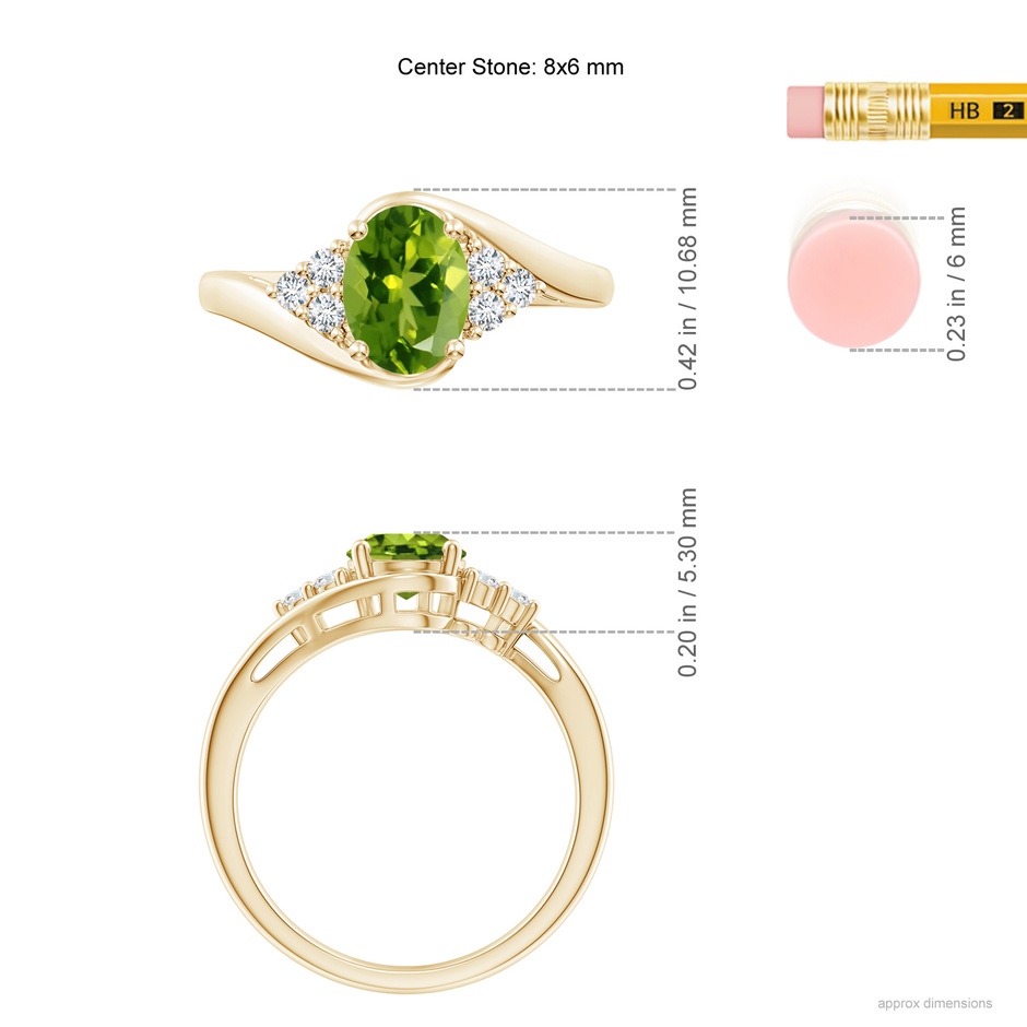 8x6mm AAAA Oval Peridot Bypass Ring with Trio Diamond Accents in Yellow Gold ruler