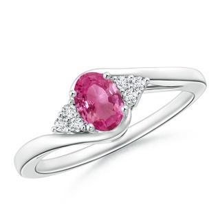 6x4mm AAAA Oval Pink Sapphire Bypass Ring with Trio Diamond Accents in White Gold