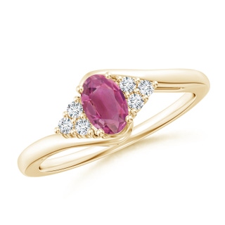 6x4mm AAA Oval Pink Tourmaline Bypass Ring with Trio Diamond Accents in Yellow Gold