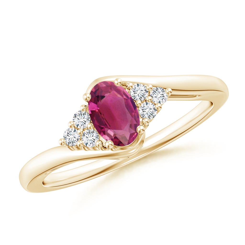6x4mm AAAA Oval Pink Tourmaline Bypass Ring with Trio Diamond Accents in Yellow Gold