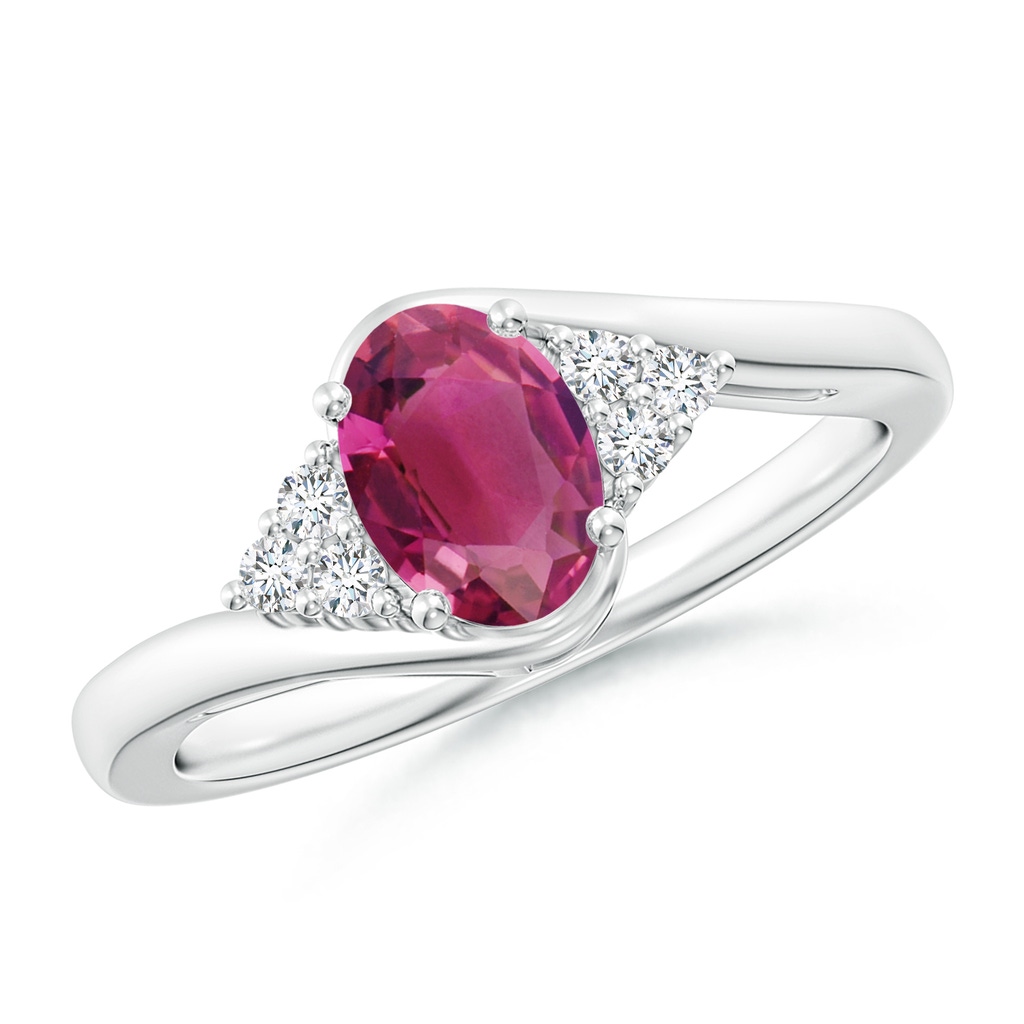 7x5mm AAAA Oval Pink Tourmaline Bypass Ring with Trio Diamond Accents in White Gold