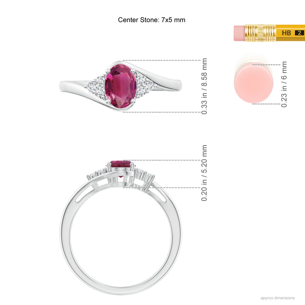 7x5mm AAAA Oval Pink Tourmaline Bypass Ring with Trio Diamond Accents in White Gold Ruler