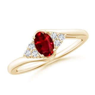 6x4mm AAAA Oval Ruby Bypass Ring with Trio Diamond Accents in Yellow Gold