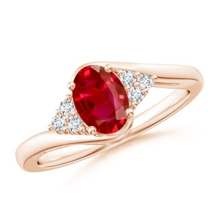 7x5mm AAA Oval Ruby Bypass Ring with Trio Diamond Accents in 9K Rose Gold