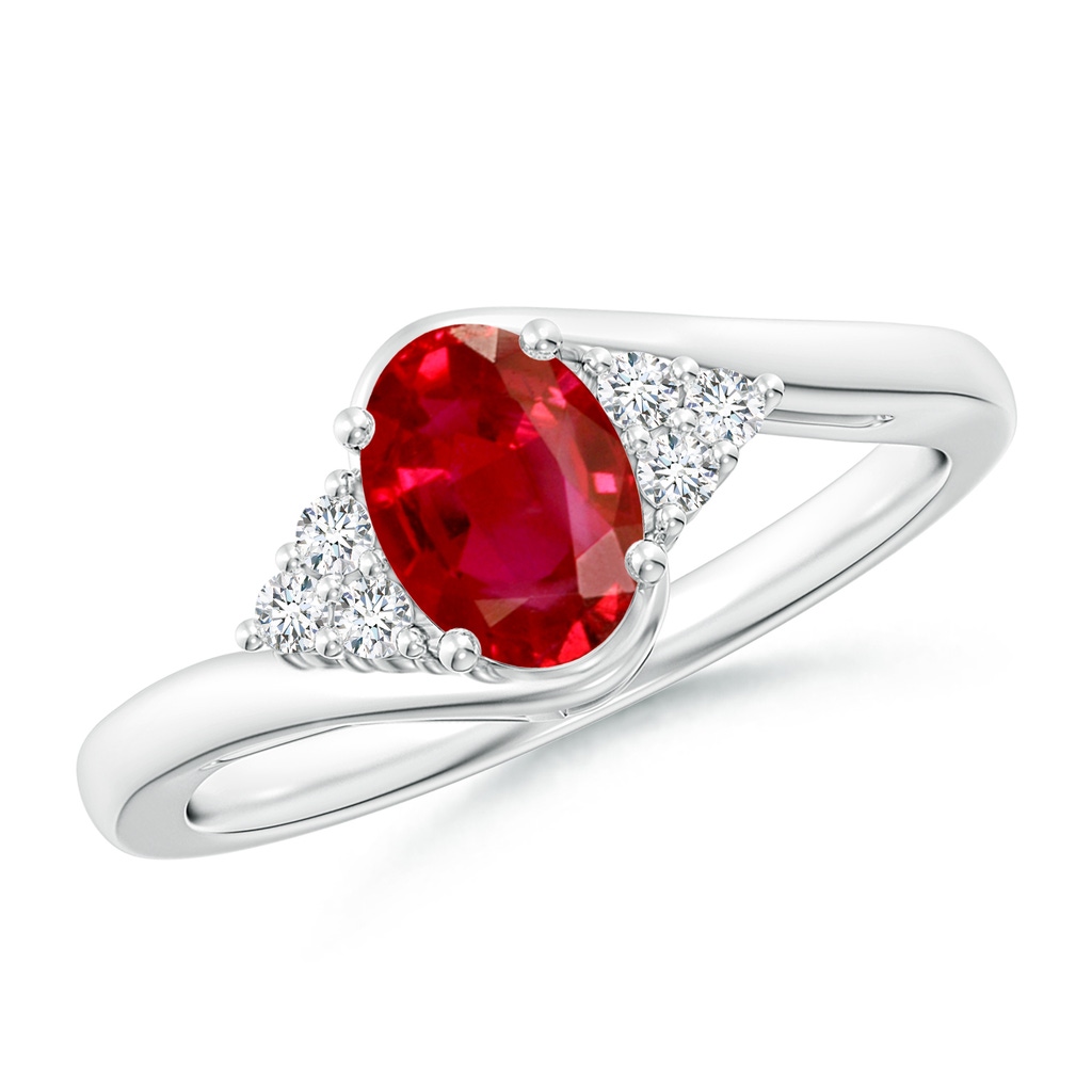 7x5mm AAA Oval Ruby Bypass Ring with Trio Diamond Accents in White Gold