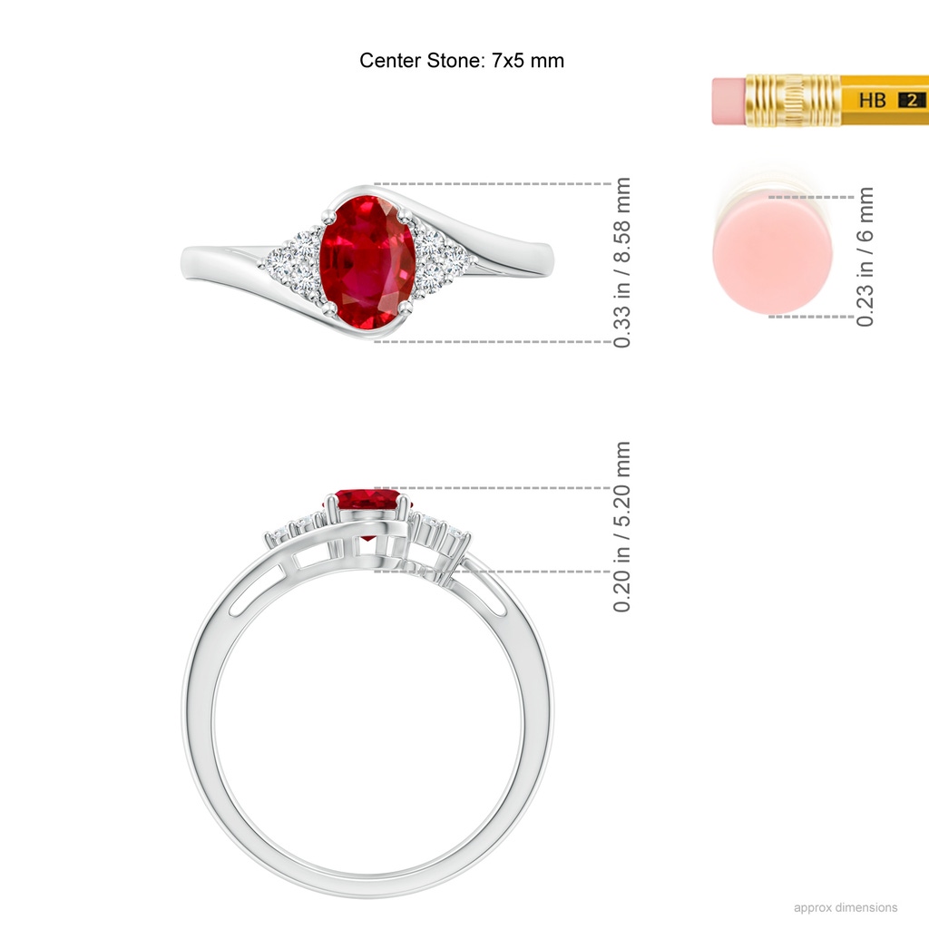 7x5mm AAA Oval Ruby Bypass Ring with Trio Diamond Accents in White Gold Ruler