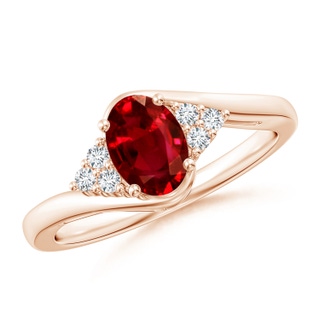 7x5mm AAAA Oval Ruby Bypass Ring with Trio Diamond Accents in 9K Rose Gold
