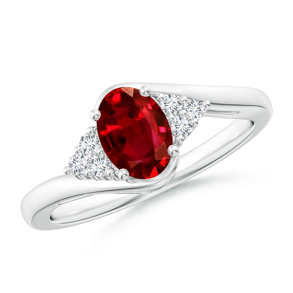 7x5mm Lab-Grown Oval Ruby Bypass Ring with Trio Diamond Accents in White Gold