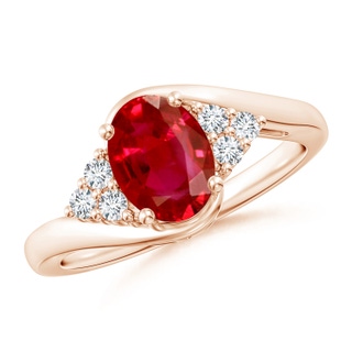 8x6mm AAA Oval Ruby Bypass Ring with Trio Diamond Accents in Rose Gold