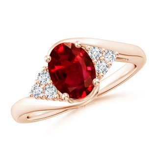 8x6mm AAAA Oval Ruby Bypass Ring with Trio Diamond Accents in Rose Gold