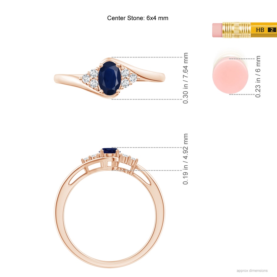 6x4mm A Oval Sapphire Bypass Ring with Trio Diamond Accents in Rose Gold ruler