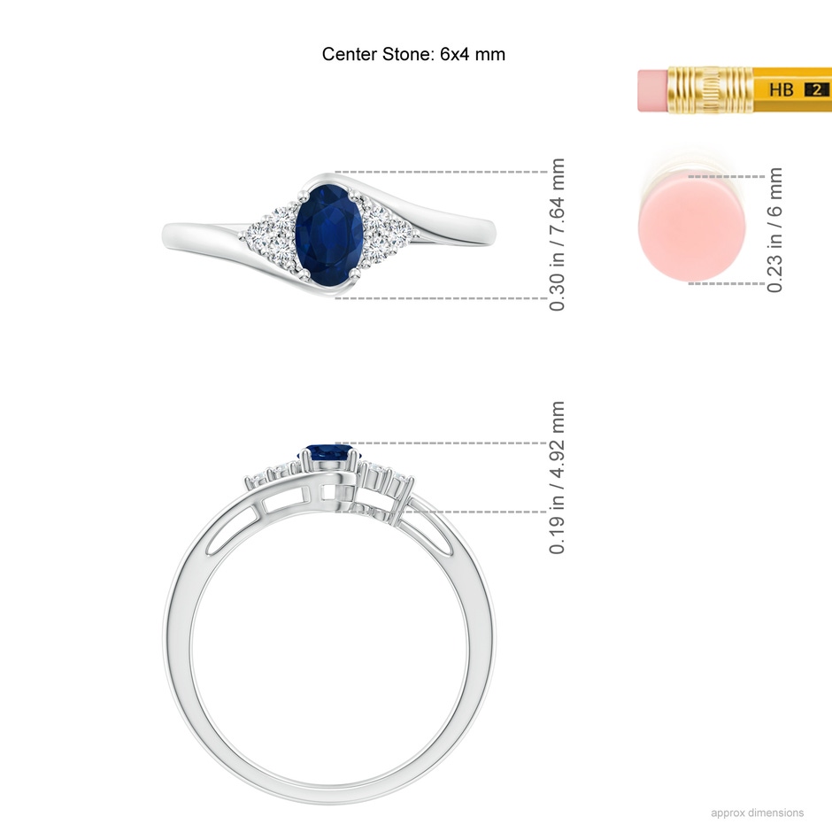 6x4mm AA Oval Sapphire Bypass Ring with Trio Diamond Accents in White Gold ruler
