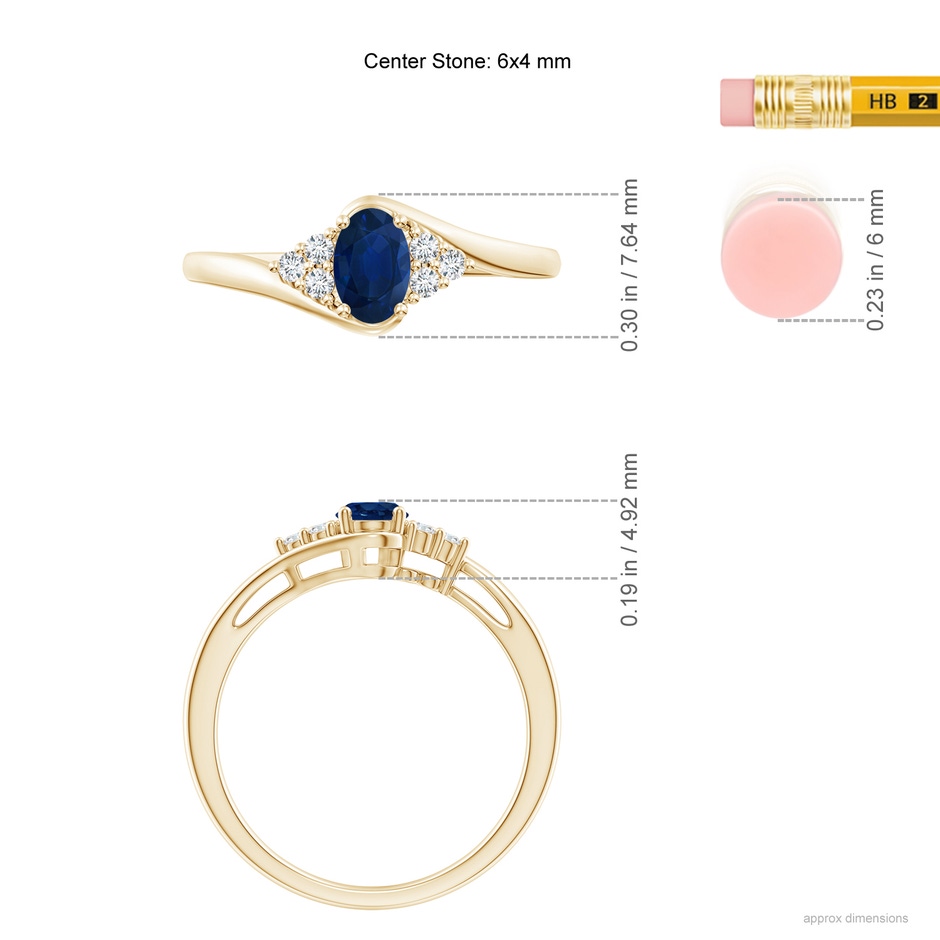 6x4mm AA Oval Sapphire Bypass Ring with Trio Diamond Accents in Yellow Gold ruler