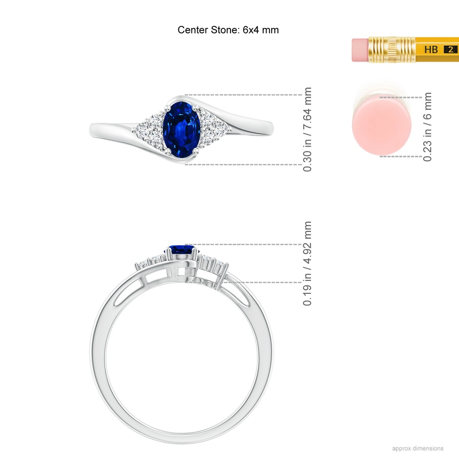 6x4mm AAAA Oval Sapphire Bypass Ring with Trio Diamond Accents in White Gold ruler