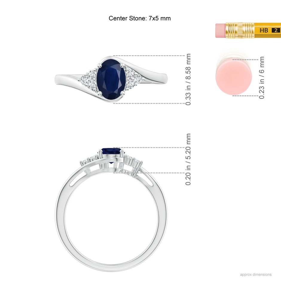 7x5mm A Oval Sapphire Bypass Ring with Trio Diamond Accents in White Gold ruler
