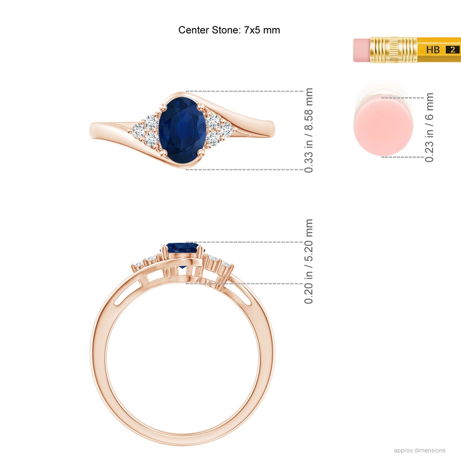 7x5mm AA Oval Sapphire Bypass Ring with Trio Diamond Accents in Rose Gold ruler