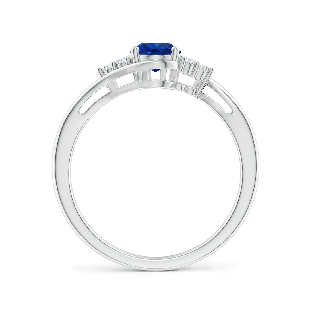 7x5mm AAA Oval Sapphire Bypass Ring with Trio Diamond Accents in White Gold - side 2
