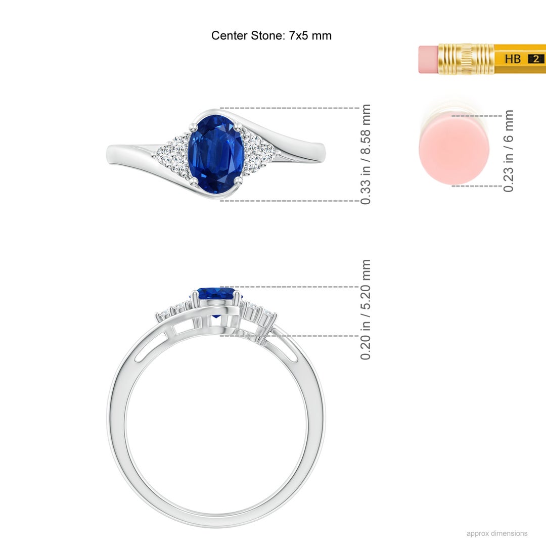 7x5mm AAA Oval Sapphire Bypass Ring with Trio Diamond Accents in White Gold - ruler