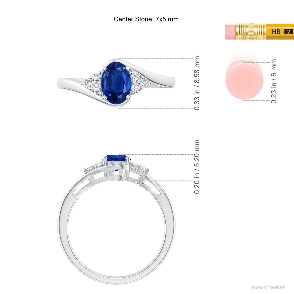 7x5mm AAA Oval Sapphire Bypass Ring with Trio Diamond Accents in White Gold Ruler