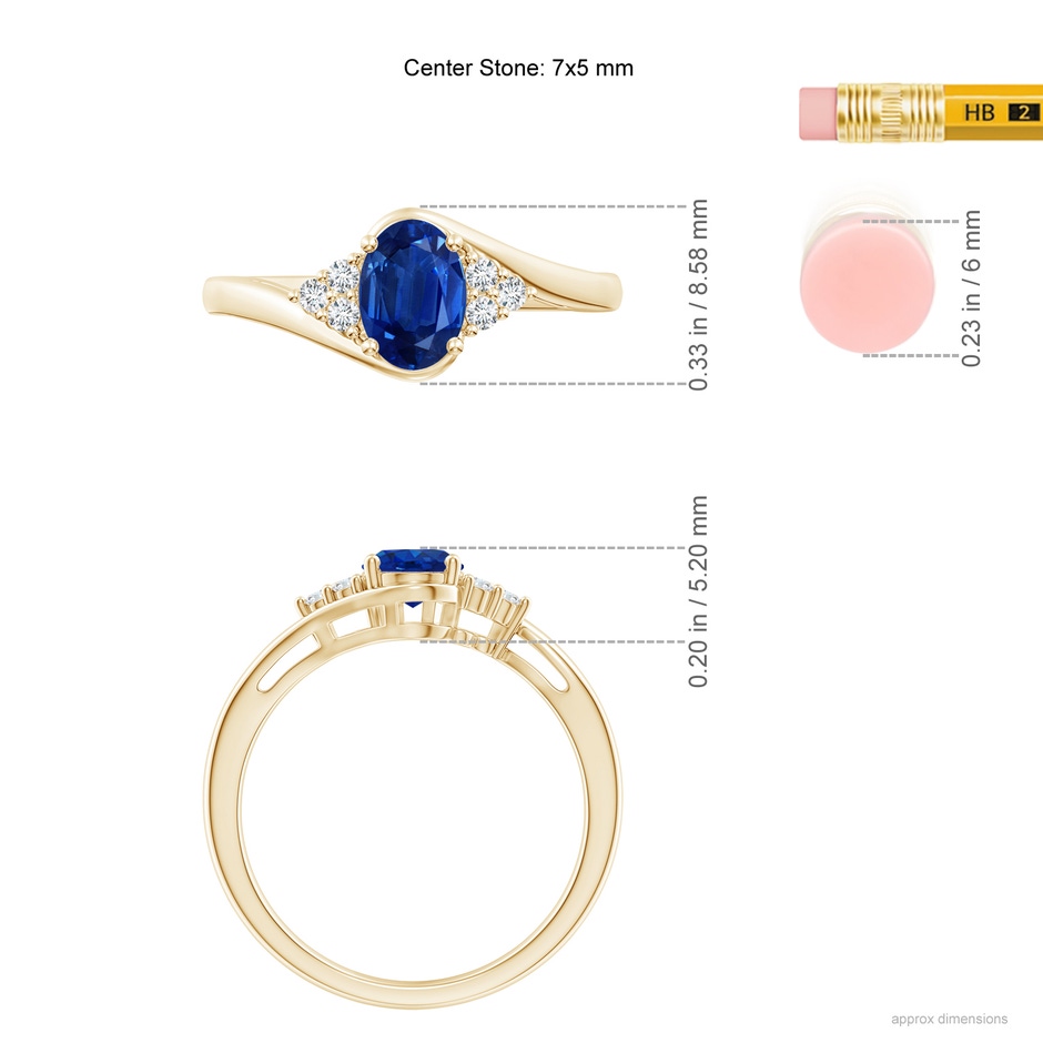 7x5mm AAA Oval Sapphire Bypass Ring with Trio Diamond Accents in Yellow Gold ruler