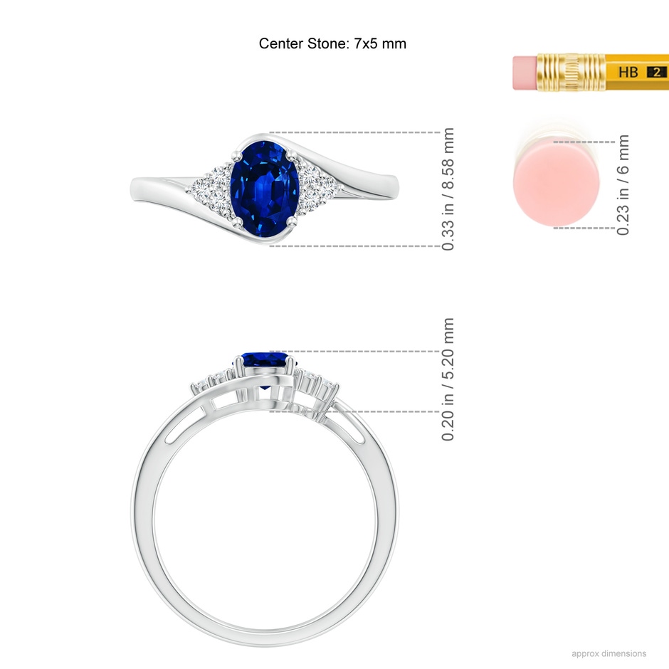7x5mm AAAA Oval Sapphire Bypass Ring with Trio Diamond Accents in P950 Platinum ruler
