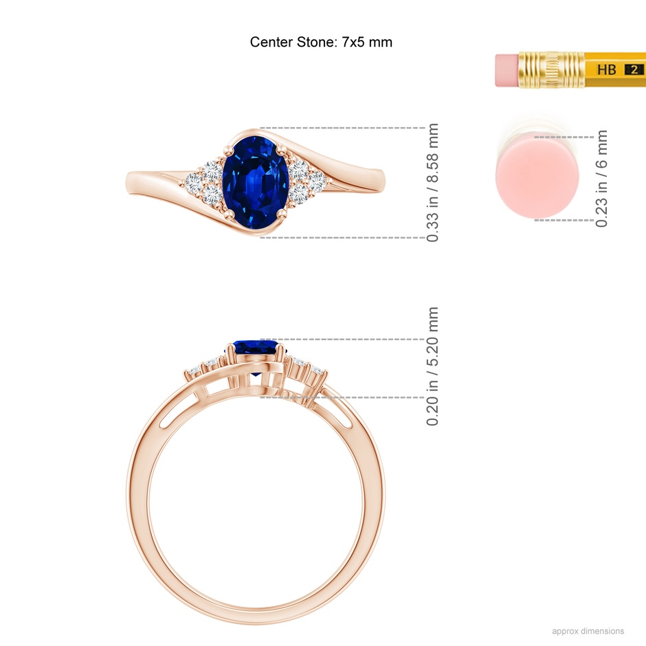 7x5mm AAAA Oval Sapphire Bypass Ring with Trio Diamond Accents in Rose Gold ruler
