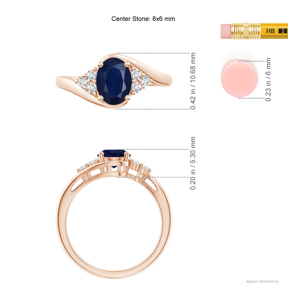 8x6mm A Oval Sapphire Bypass Ring with Trio Diamond Accents in Rose Gold ruler