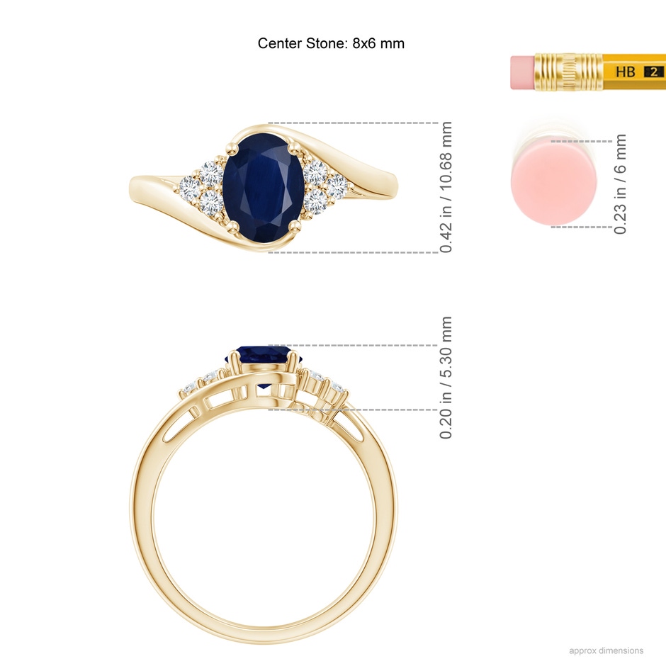 8x6mm A Oval Sapphire Bypass Ring with Trio Diamond Accents in Yellow Gold ruler