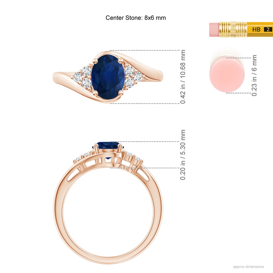 8x6mm AA Oval Sapphire Bypass Ring with Trio Diamond Accents in Rose Gold ruler