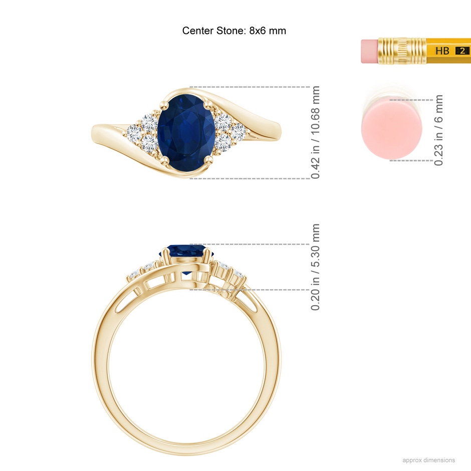 8x6mm AA Oval Sapphire Bypass Ring with Trio Diamond Accents in Yellow Gold ruler