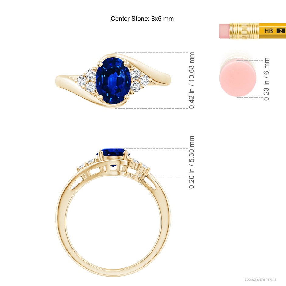 8x6mm AAAA Oval Sapphire Bypass Ring with Trio Diamond Accents in Yellow Gold ruler