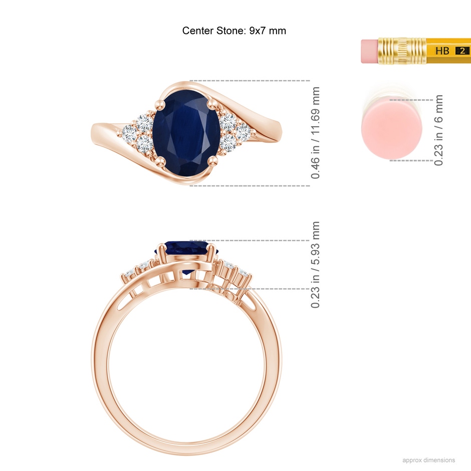 9x7mm A Oval Sapphire Bypass Ring with Trio Diamond Accents in Rose Gold ruler