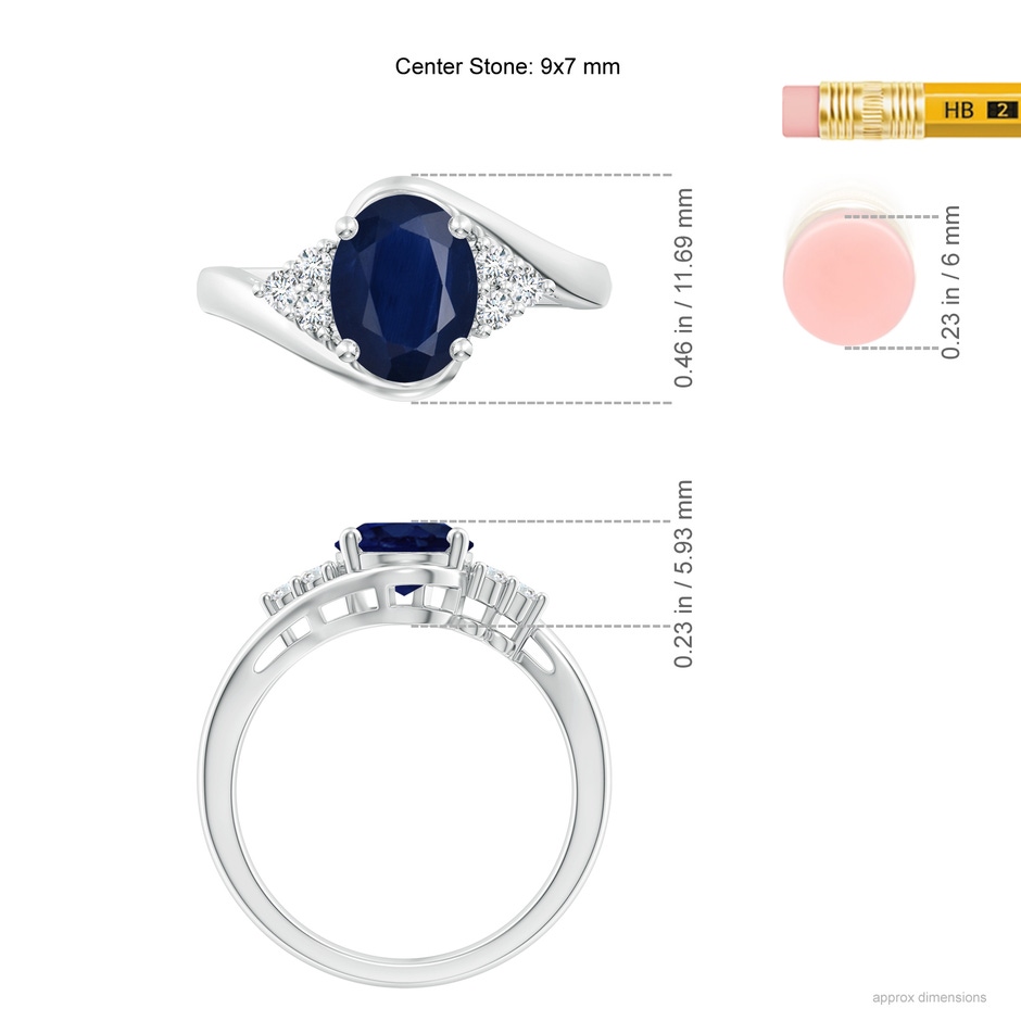 9x7mm A Oval Sapphire Bypass Ring with Trio Diamond Accents in White Gold ruler