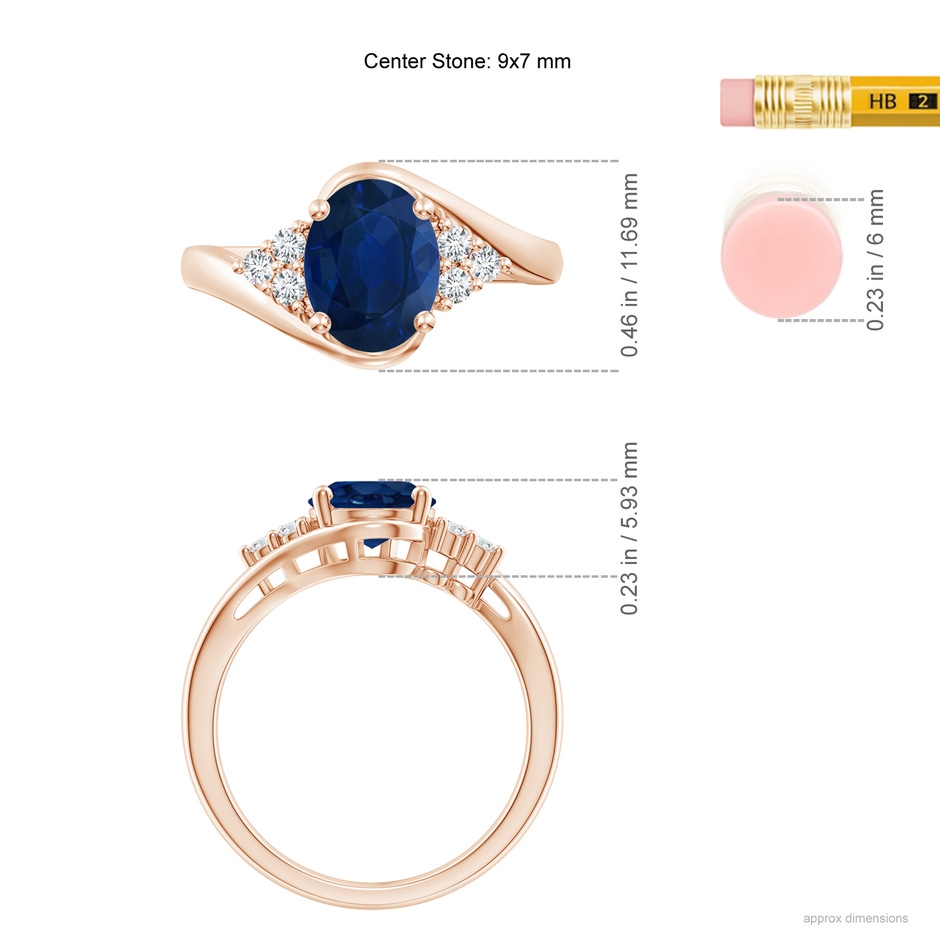 9x7mm AA Oval Sapphire Bypass Ring with Trio Diamond Accents in Rose Gold ruler