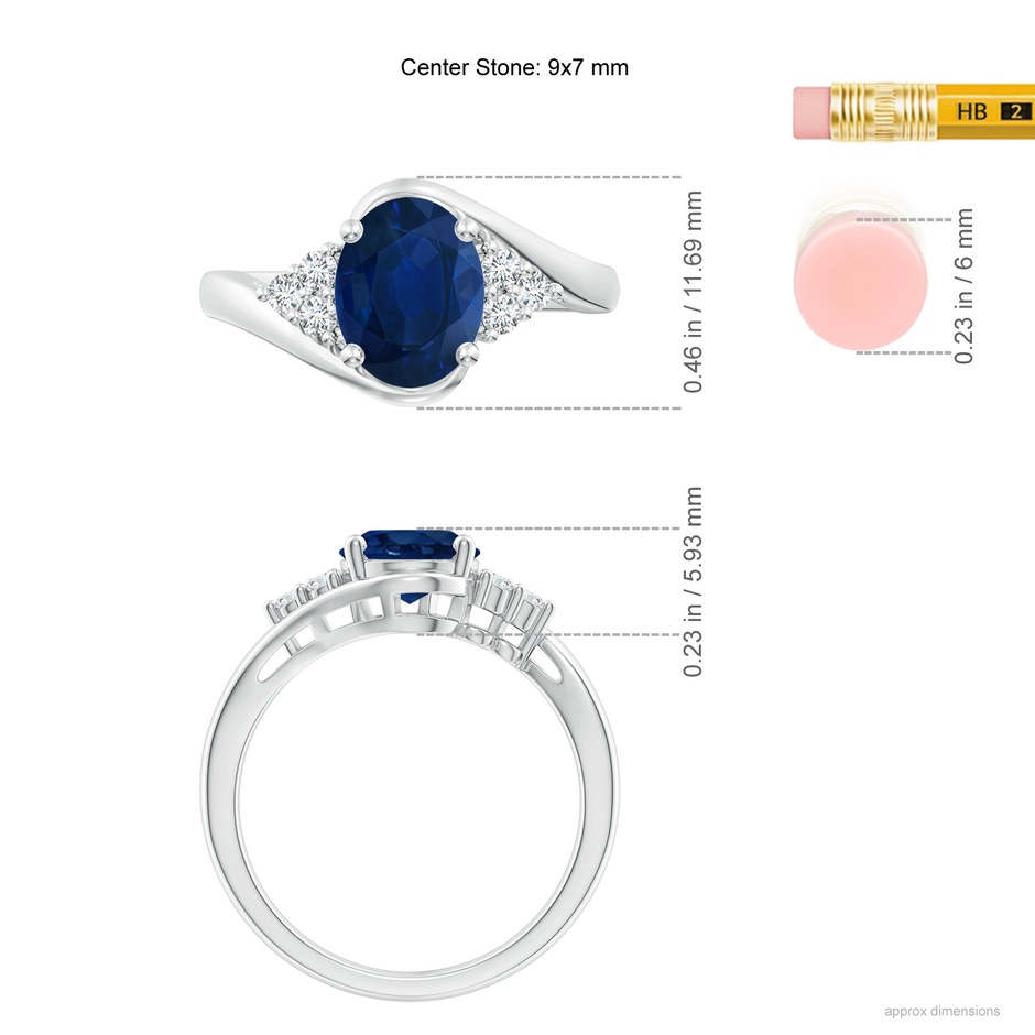 9x7mm AA Oval Sapphire Bypass Ring with Trio Diamond Accents in White Gold ruler