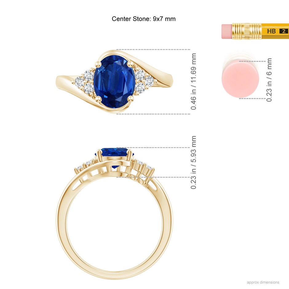 9x7mm AAA Oval Sapphire Bypass Ring with Trio Diamond Accents in Yellow Gold ruler