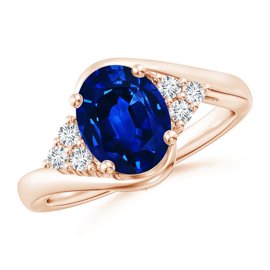 9x7mm AAAA Oval Sapphire Bypass Ring with Trio Diamond Accents in Rose Gold 