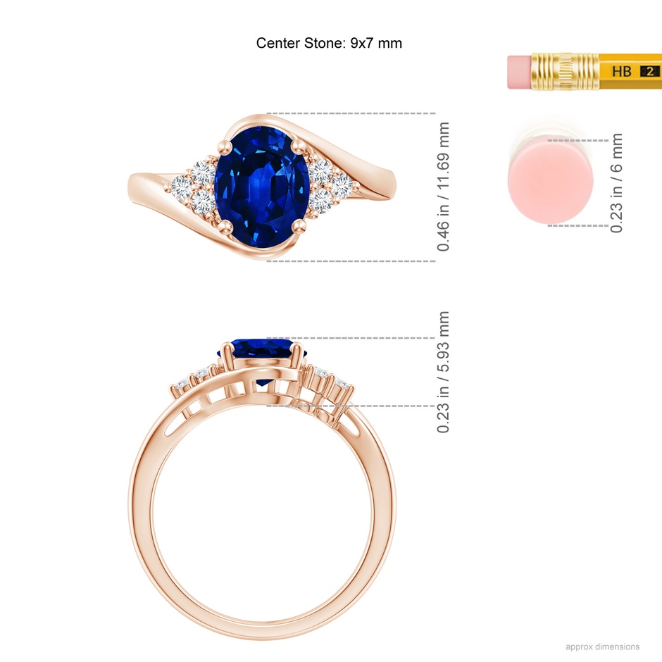 9x7mm AAAA Oval Sapphire Bypass Ring with Trio Diamond Accents in Rose Gold ruler