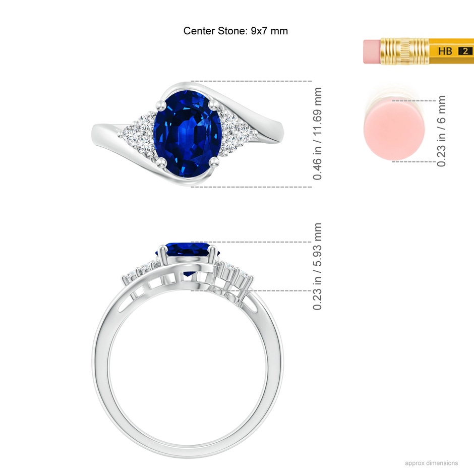 9x7mm AAAA Oval Sapphire Bypass Ring with Trio Diamond Accents in White Gold ruler