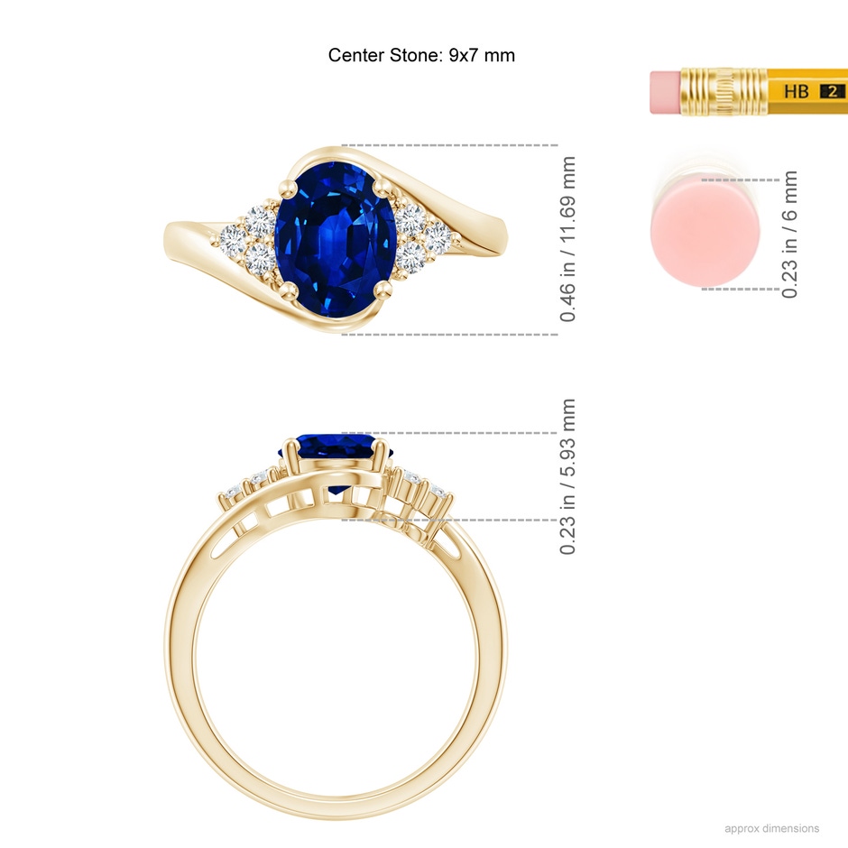 9x7mm AAAA Oval Sapphire Bypass Ring with Trio Diamond Accents in Yellow Gold ruler
