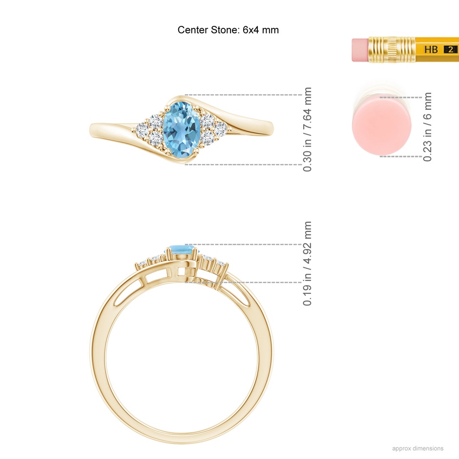 6x4mm A Oval Swiss Blue Topaz Bypass Ring with Trio Diamond Accents in Yellow Gold ruler