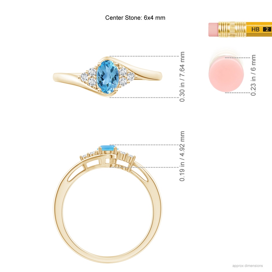 6x4mm AA Oval Swiss Blue Topaz Bypass Ring with Trio Diamond Accents in Yellow Gold ruler